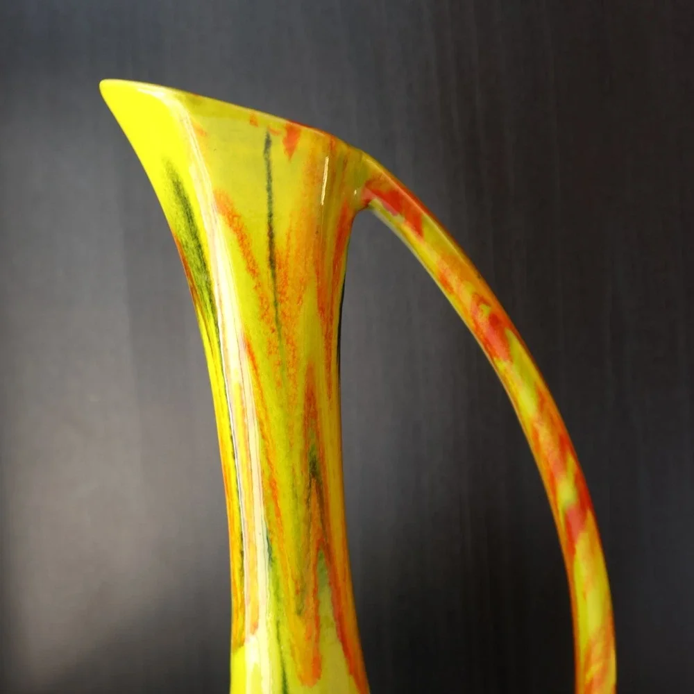 Vintage Mid Century Yellow Orange Drip Glaze Ceramic Ewer Pitcher Vase 9